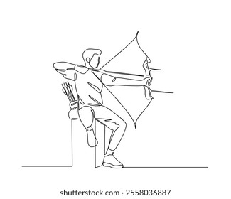 Continuous line drawing of an archer aiming with a bow and arrow, showcasing precision and focus in archery. Ideal for sports, outdoor activities, and skill development themes.