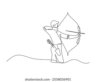 Continuous line drawing of an archer aiming a bow and arrow, showcasing the elegance and precision of archery in a minimalist style.