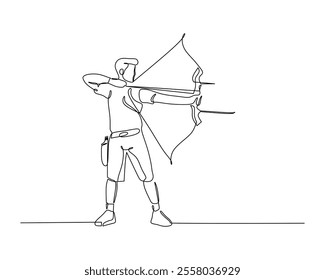 Continuous line drawing of an archer aiming with a bow and arrow, showcasing precision and focus in archery. Ideal for sports, recreation, and skill-themed designs.