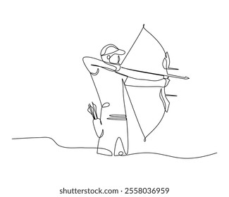 A continuous line drawing of an archer aiming a bow and arrow, showcasing the precision and focus of archery. The minimalist style highlights the elegance and simplicity of the sport.