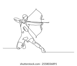 Continuous line drawing of an archer in a dynamic pose, kneeling and aiming a bow and arrow, showcasing the elegance and precision of archery.