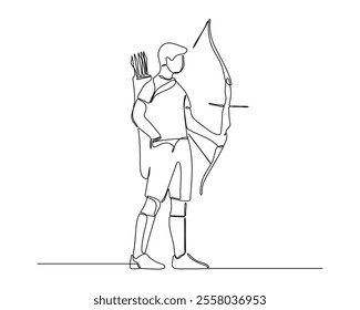 Continuous line drawing of an archer holding a bow and arrow, with a quiver on the back. The minimalist style emphasizes the archer's stance and equipment.