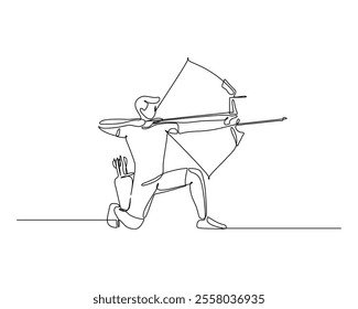 Continuous line drawing of an archer in a kneeling position, aiming a bow and arrow. The minimalist style captures the dynamic posture and focus of the archer.