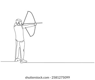 Continuous line drawing of archer man. Single line illustration of archer aiming target. Sport, accuracy concept. Editable outline
