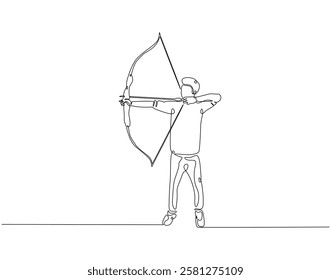 Continuous line drawing of archer man. Single line illustration of archer aiming target. Sport, accuracy concept. Editable outline
