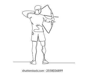 Continuous line drawing of an archer with a prosthetic leg aiming a bow, symbolizing strength, determination, and inclusivity in sports.