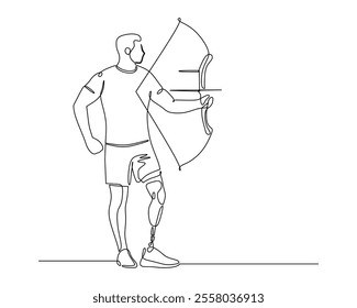 Continuous line drawing of an archer with a prosthetic leg, symbolizing strength, determination, and inclusivity in sports. Ideal for themes of resilience, adaptive sports, and overcoming challenges.