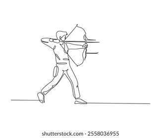 Continuous line drawing of an archer pulling back a bowstring, focusing intensely. Minimalist design capturing the dynamic motion and precision of archery. Ideal for sports and art themes.