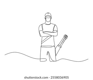 Continuous line drawing of an archer standing with gear, wearing a cap, and holding a quiver with arrows. Minimalist design capturing the essence of archery in an artistic style.