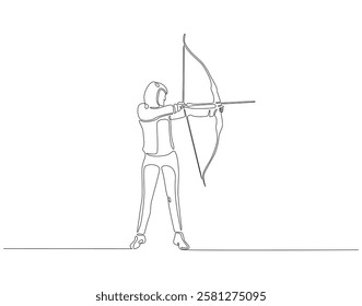 Continuous line drawing of archer woman. Single line illustration of archer aiming target. Sport, accuracy concept. Editable outline