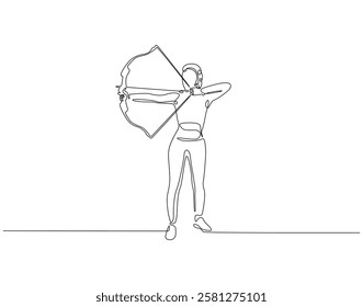 Continuous line drawing of archer woman. Single line illustration of archer aiming target. Sport, accuracy concept. Editable outline