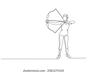 Continuous line drawing of archer woman. Single line illustration of archer aiming target. Sport, accuracy concept. Editable outline