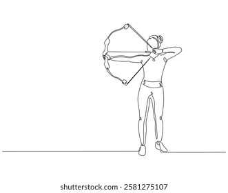 Continuous line drawing of archer woman. Single line illustration of archer aiming target. Sport, accuracy concept. Editable outline