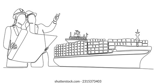 continuous line drawing of architect designing cargo ship