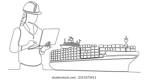 trazado de línea continua del arquitecto que diseña el buque de carga