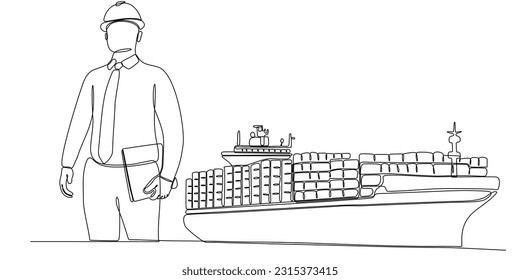 continuous line drawing of architect designing cargo ship