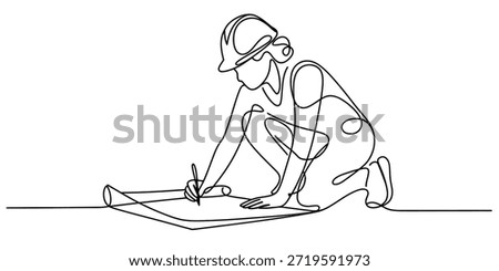 Continuous line drawing of an architect or engineer wearing a hard hat and working on a blueprint Vector, illustration