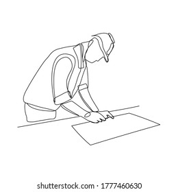 Continuous line drawing of architect wearing safety helmet and uniform drawing on blueprint to palnning bulding construction. Vector illustration