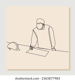 Dibujo continuo de líneas de arquitecto usando casco de seguridad y dibujo uniforme en el plano de la construcción de edificios. Ilustración del vector