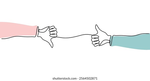 Continuous line drawing of an arm showing a thumb up and thumb down. A symbol of decision making, choices, and contrasting opinions. Vector illustration one line art minimalist.