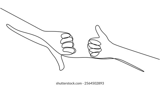 Continuous line drawing of an arm showing thumb up and thumb down. A metaphor for decisions, judgment, and contrasting opinions. Vector illustration one line art minimalist.