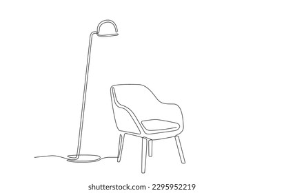 Dibujo continuo de la línea de sillón y lámpara de suelo. Una línea de interior Salón con mobiliario moderno. Muebles de una sola línea. Contexto de dibujo a mano de los muebles. Ilustración del vector Doodle