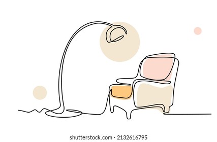 Continuous line drawing of armchair and lamp. One line of interior Living room with modern furniture with color abstract shapes. Single line elements. Hand draw contour of indoor. Doodle illustration