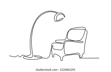 Continuous line drawing of armchair and lamp. One line of interior Living room with modern furniture. Single line furniture elements. Hand draw contour of indoor furniture. Doodle vector illustration