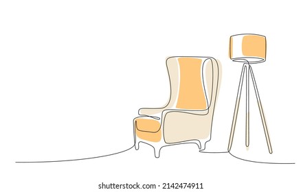 Continuous line drawing of armchair and lamp. One line of interior Living room with modern furniture with color abstract shapes. Single line elements. Hand draw contour of indoor. Doodle illustration