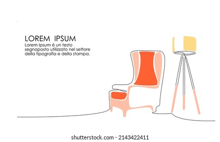 Continuous line drawing of armchair and lamp with colored shapes. One line of interior Living room with modern furniture. Single line elements. Hand draw contour of indoor. Doodle illustration