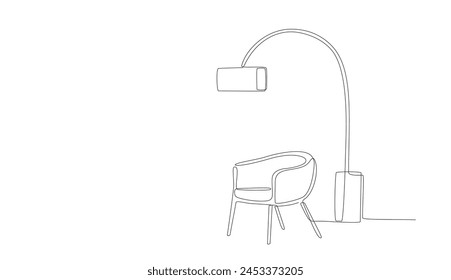 Dibujo de línea continua de sillón y lámpara. Una línea de salón interior con muebles modernos. Elementos de una sola línea. Dibujo a mano del contorno de los muebles interiores. Ilustración vectorial de Doodle