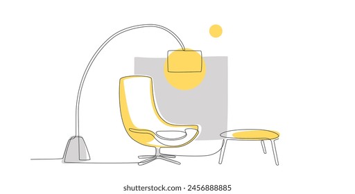 Dibujo de línea continua de sillón, lámpara y mesa. Una sola línea de salón interior con muebles modernos con Formas y Elementos abstractos de color. Contorno de dibujo a mano. Ilustración de Doodle