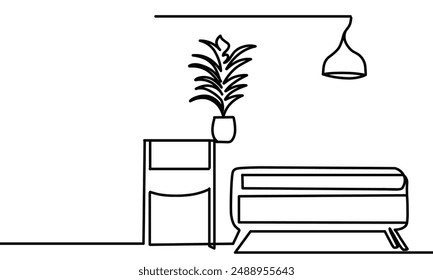 Kontinuierliche Linienzeichnung von Sessel und Lampe und Anlage. Moderne Flachmöbel für Wohnzimmer-Interieur im einfachen linearen Stil. 