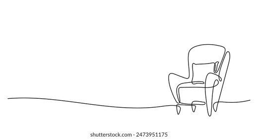 Dibujo de línea continua de un sillón sobre un fondo blanco. Dibujo de una sola línea de una silla, el concepto de confort del hogar. Ilustración vectorial. Dibujo lineal de un sofá