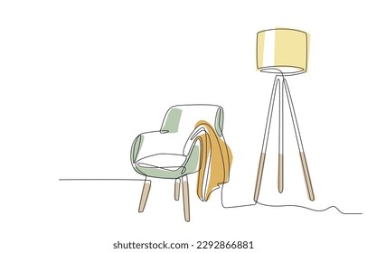 Continuous line drawing of armchair, plaid, floor lamp. One line of interior Living room with modern furniture. Single line element. Hand draw contour of indoor furniture. Doodle vector illustration