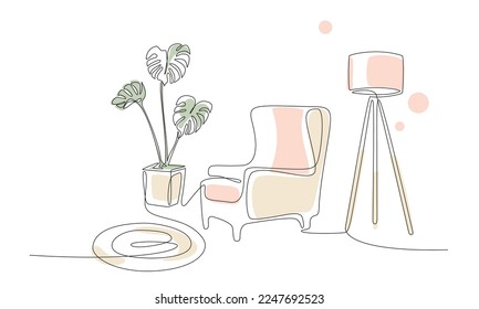 Dibujo continuo de sillón, planta, lámpara y alfombra. Arte editable de una línea. Salón Interior con mobiliario moderno de formas abstractas en color. Elementos de una sola línea. contorno de dibujo de mano