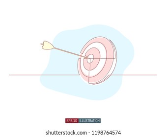 Continuous line drawing of arrow in center of target. Template for your design works. Vector illustration.