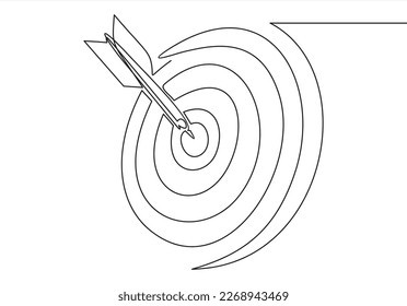 Continuous line drawing of arrow in center of target. One hand drawn goal object of archery business challenge metaphor. Vector illustration hunting and winner theme.