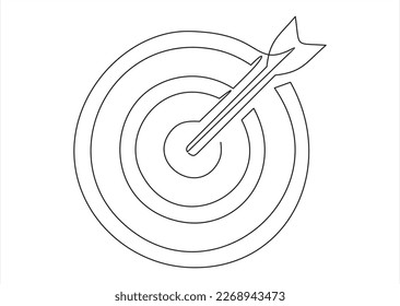 Dibujo continuo de línea de flecha en el centro del objetivo. Un objeto objetivo dibujado a mano de la metáfora del desafío comercial del tiro con arco. Caza de ilustraciones vectoriales y tema ganador.