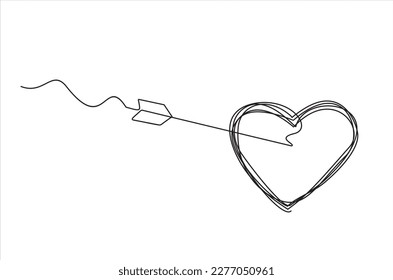 Continuous line drawing of arrow in center of heart. Vector illustration.