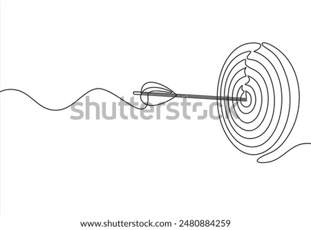 Continuous line drawing of arrow in center of target. Template for your design works. Vector illustration.	