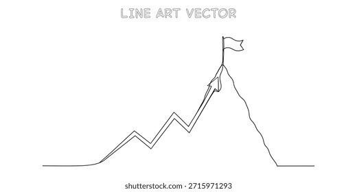 Desenho de linha contínuo de uma seta escalando um pico de montanha com uma bandeira. Conceito de sucesso, desafio, crescimento e realização de metas nos negócios. Ilustração vetorial