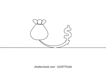 Continuous line drawing of arrow with dollar and money bag, business growth, object one line, single line art, vector illustration