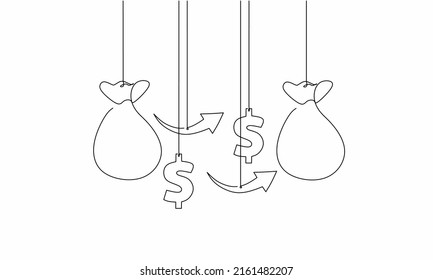 Continuous Line Drawing Of Arrow Up With Dollar Bill And Money Bag, Business Growth, Background Icon, Object One Line, Single Line Art, Vector Illustration