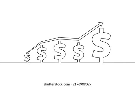 Continuous line drawing of arrow with dollar, business growth, single line art, object one line, vector illustration