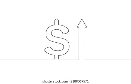 Dibujo continuo de línea de flecha hacia arriba con dólar, crecimiento de negocios, icono de doodle, objeto una línea, arte de una sola línea, ilustración vectorial