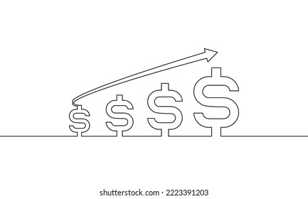 Continuous line drawing of arrow with dollar, money sign symbol, bar chart, business growth, object one line, single line art, vector illustration
