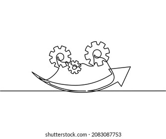 Continuous line drawing of arrow and gear, business concept team work, object one line, single line art, vector illustration