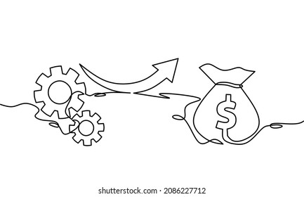 Dibujo continuo de la flecha, el engranaje y la bolsa de dinero. Patrón de fondo sin inconvenientes. Icono de negocio. Objeto de una línea, arte de una sola línea. Ilustración vectorial