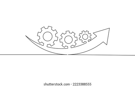 Continuous line drawing of arrow up with gear, cogwheel sign symbol, bar chart, business growth, object one line, single line art, vector illustration